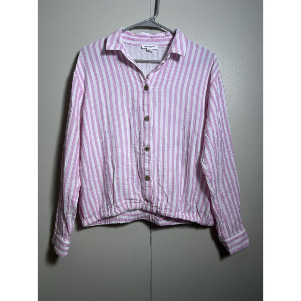 BeachLunchLounge Pink White Striped Button Front Top M Casual Shirt Costal Resor